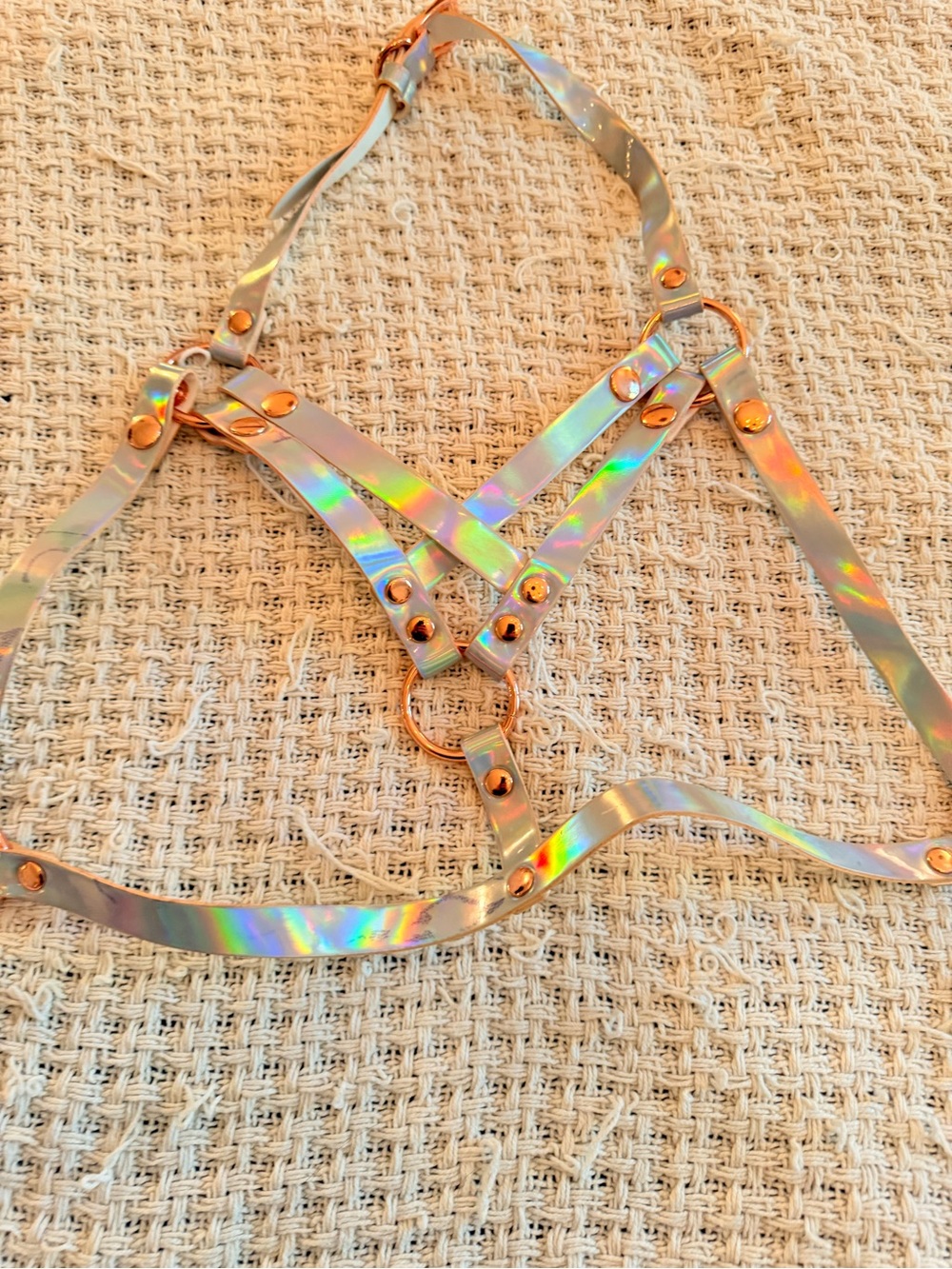 NWOT! Rose gold holographic pink gold silver PVC Vinyl harness Pride Sz. S-M